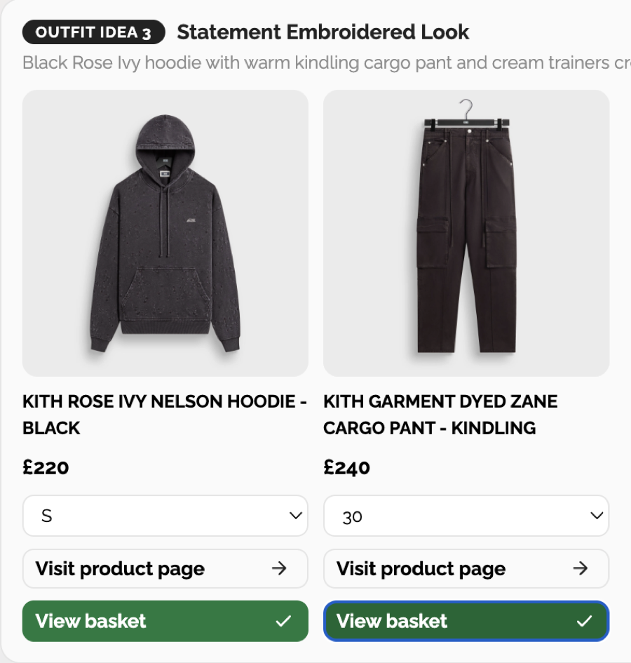 An outfit added to the basket from inside the Morvo chat, sizes chosen and View basket showing