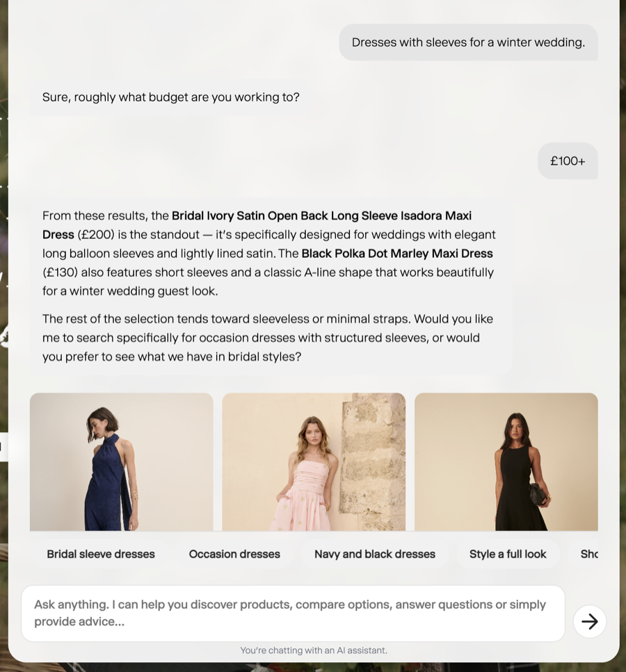 Morvo asked for dresses with sleeves for a winter wedding, checking the budget before it searches