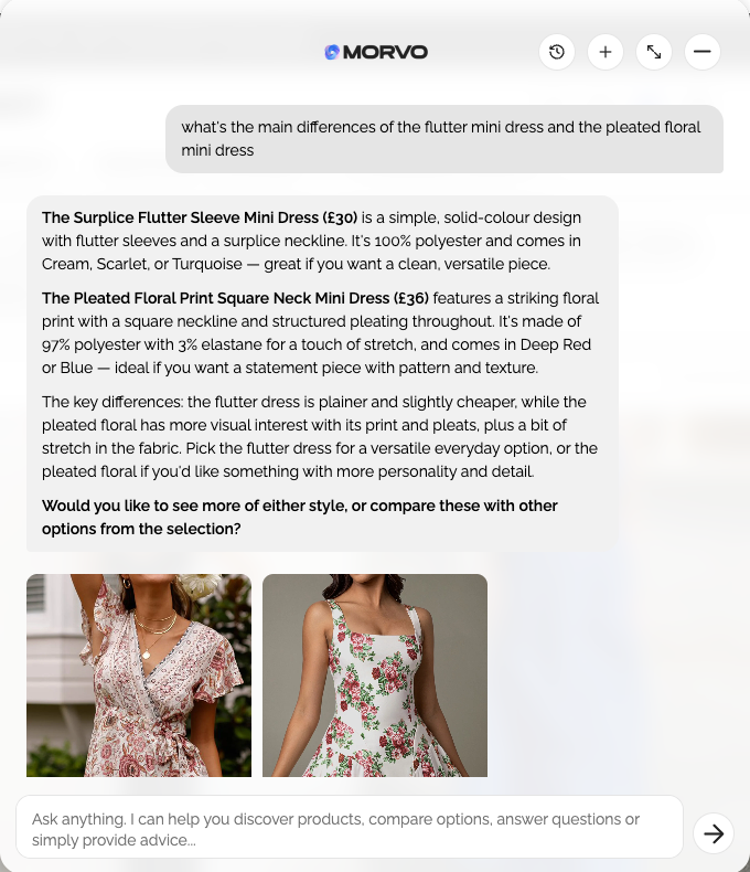 Morvo comparing two mini dresses on fabric, fit and price