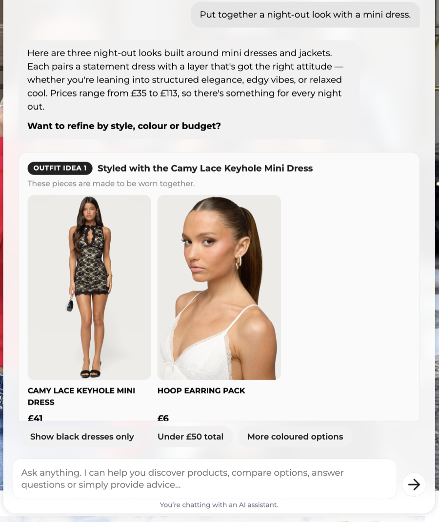 Morvo putting together three night-out looks around a mini dress. The searches and clicks behind answers like this are what it learns from