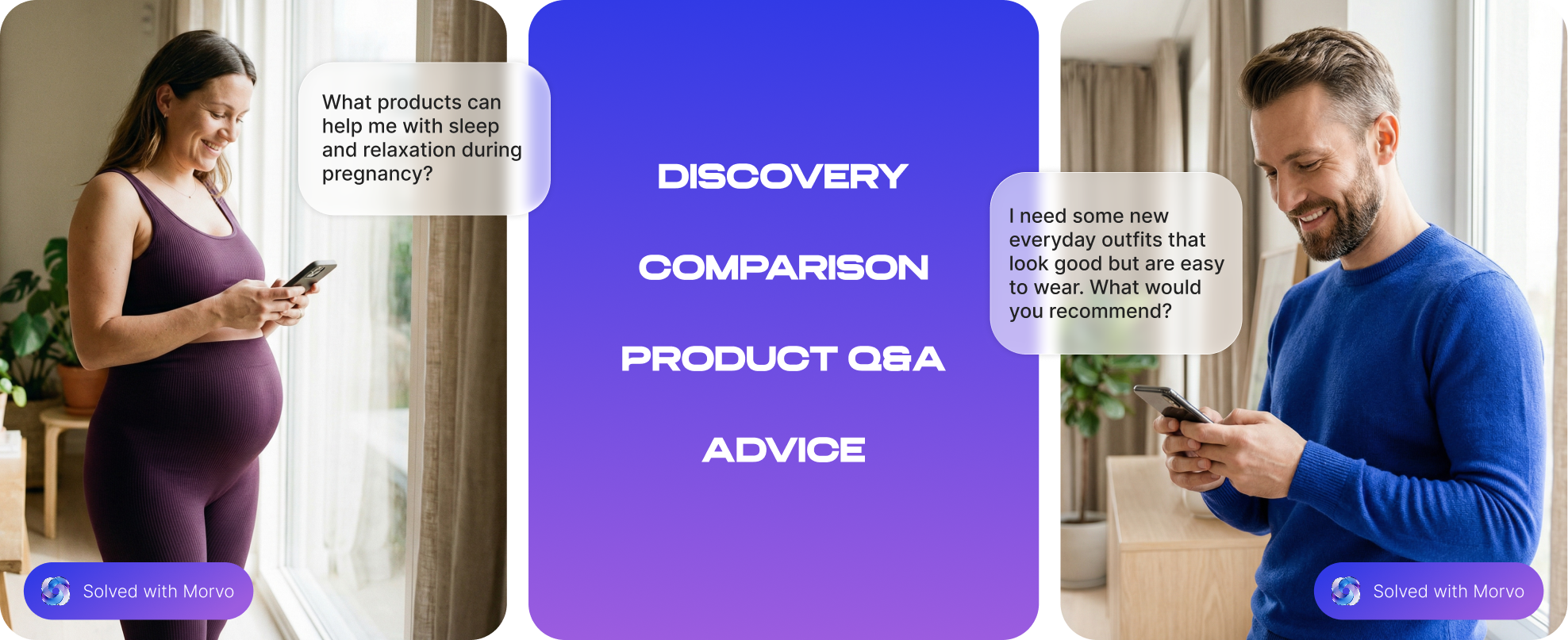 Real shoppers asking Morvo for help and getting answers across discovery, comparison, product questions and advice