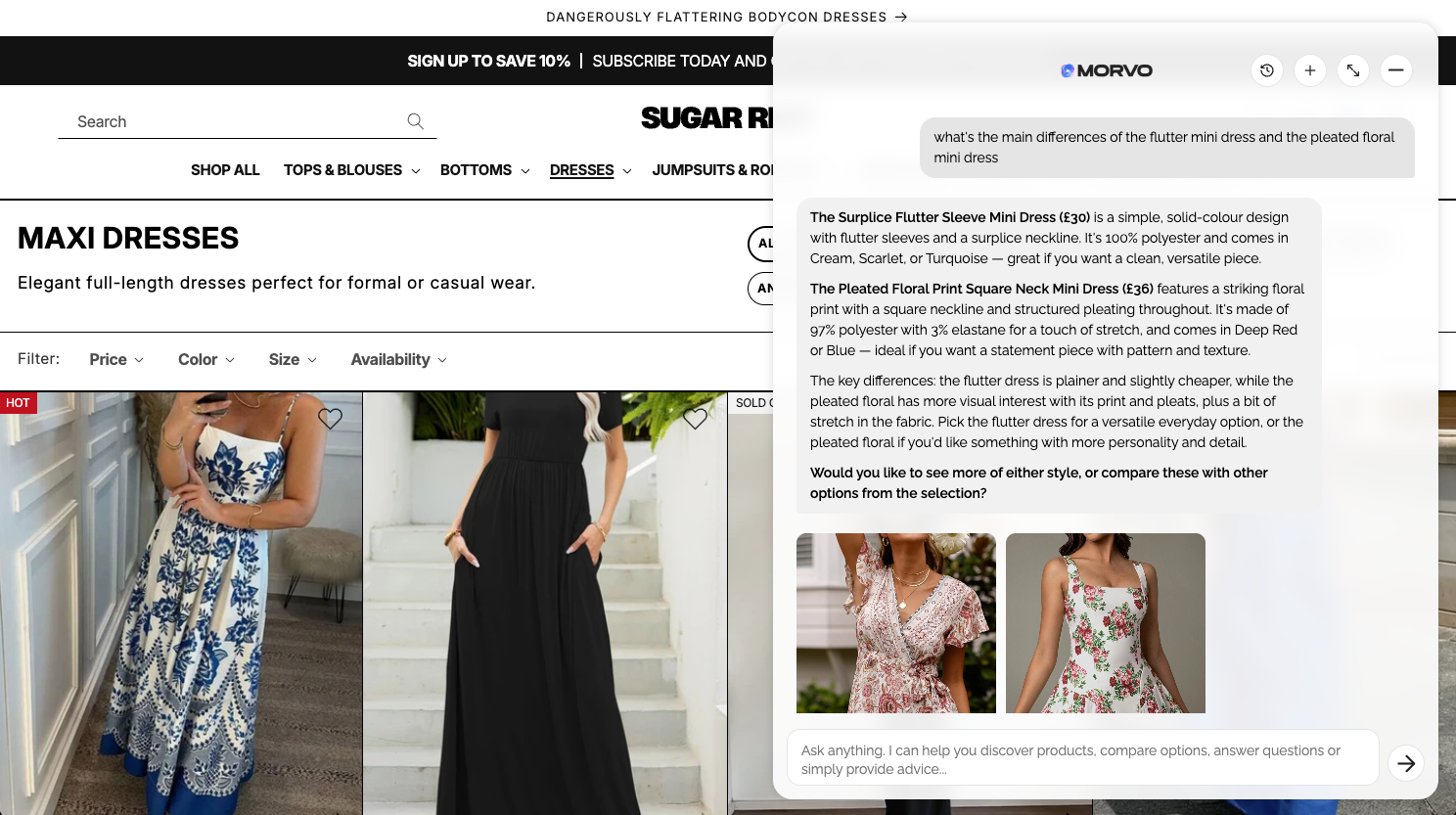 Morvo comparing two mini dresses side by side on a Sugar Riot product listing page